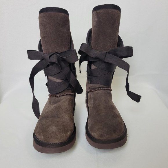 UGG Australia Brown Ribbon Lace Up Sheepskin Wool Boots Womens Size W7 - Picture 3 of 7